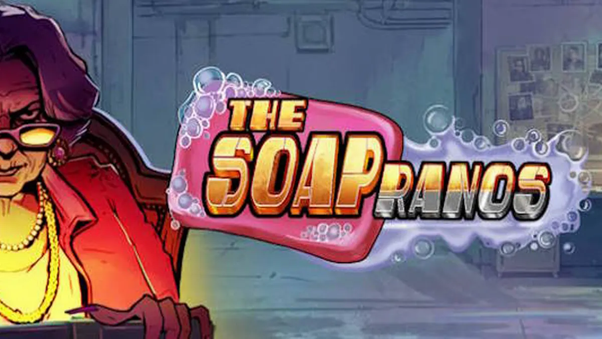 Soapranos স্লট গেমের একটি দৃশ্য যেখানে নিয়ন আলো এবং ক্যাসকেডিং গ্রিড প্রদর্শিত হচ্ছে।