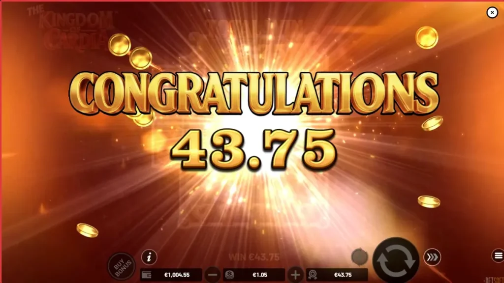 The Kingdom of Cardia slot machine interface featuring fantasy card symbols and garden background.